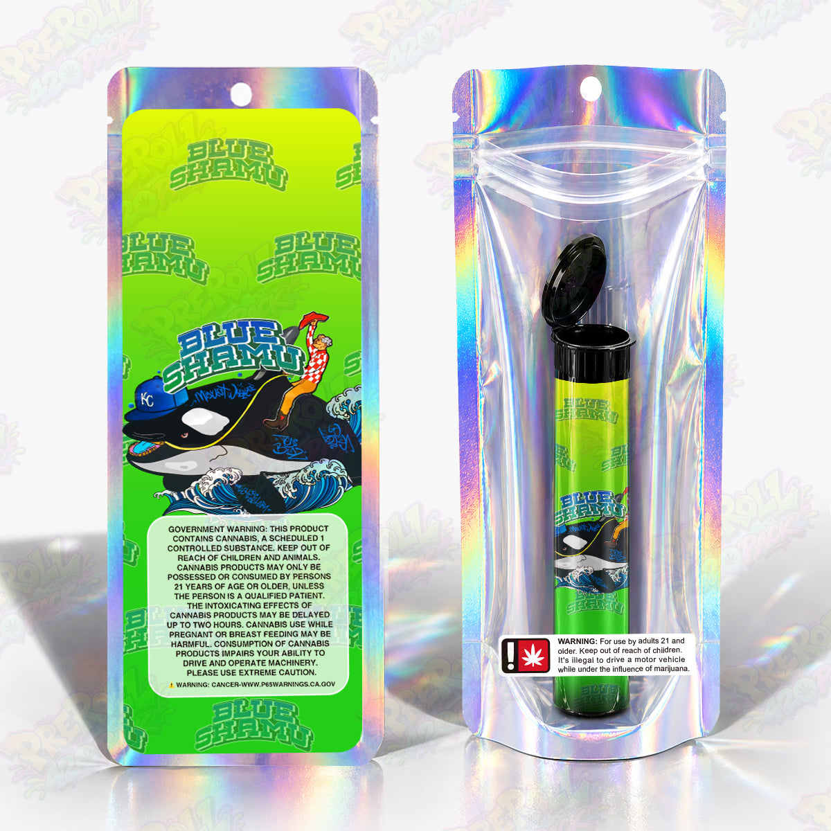 Blue Shamu Preroll Tubes + Mylar Bags