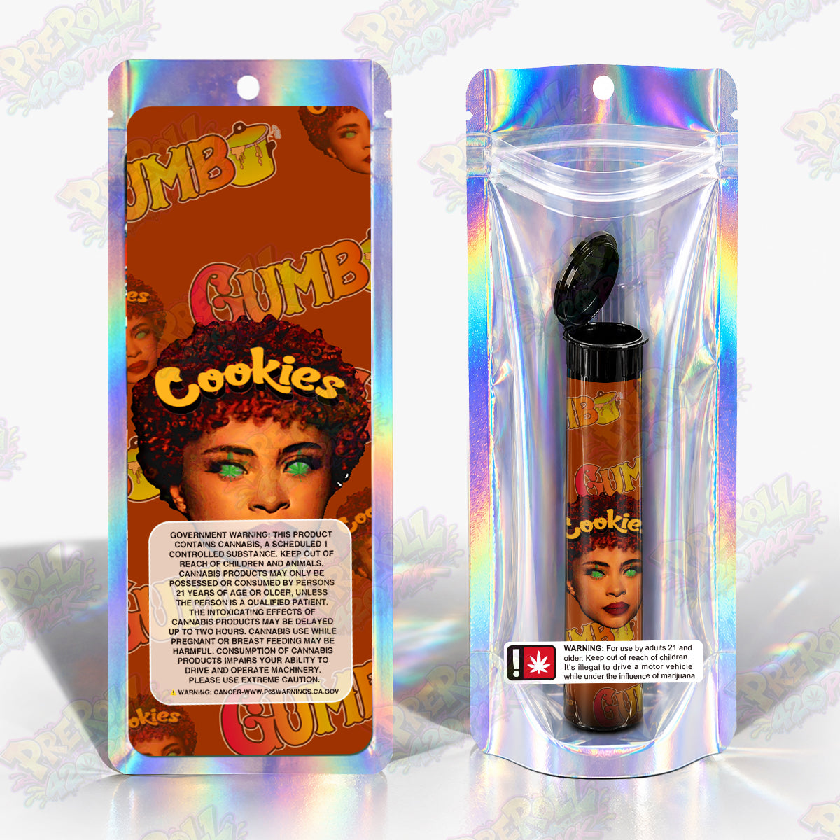 Gumbo Cookies Preroll Tubes + Mylar Bags