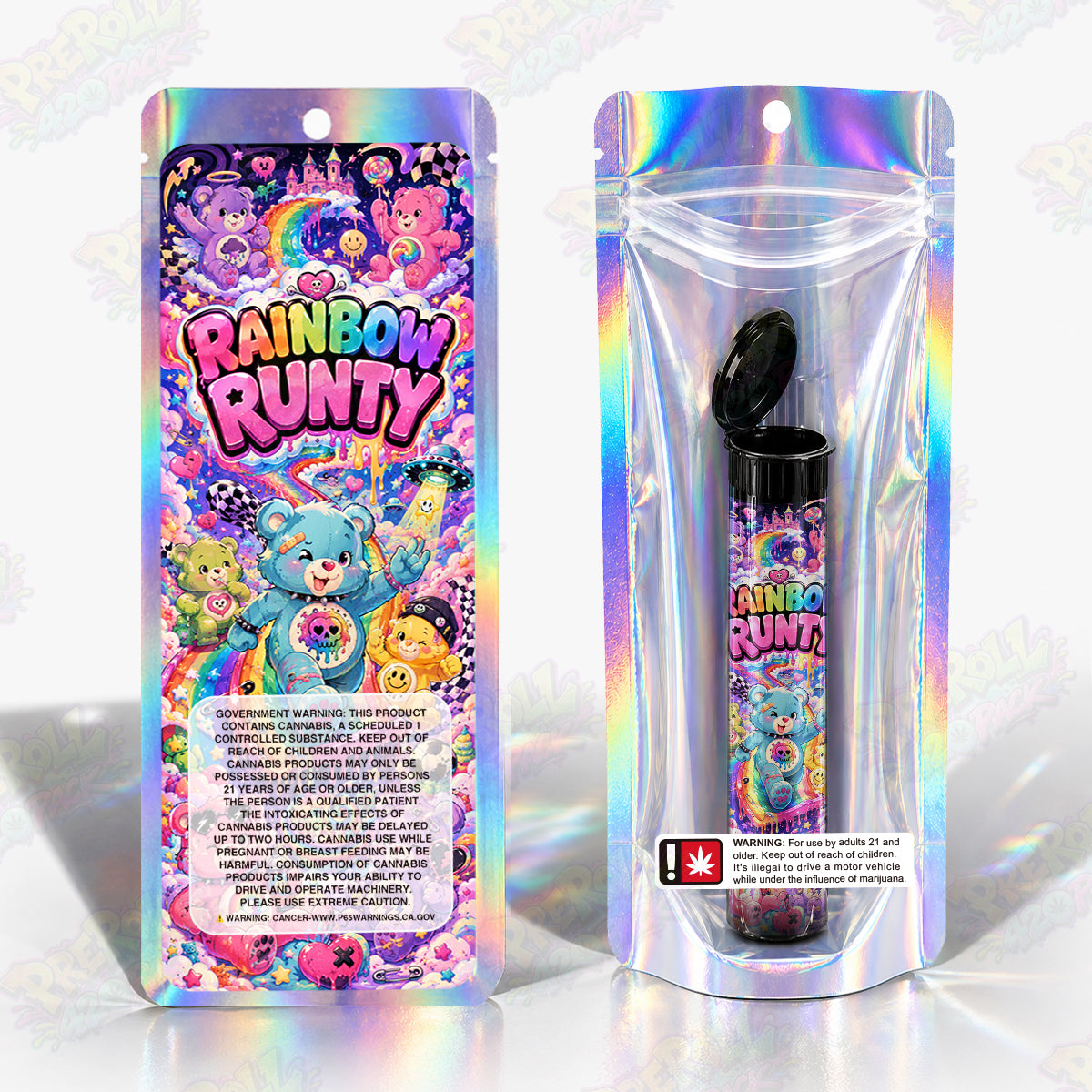 Rainbow Runty Pre Roll Tubes + Mylar Bags