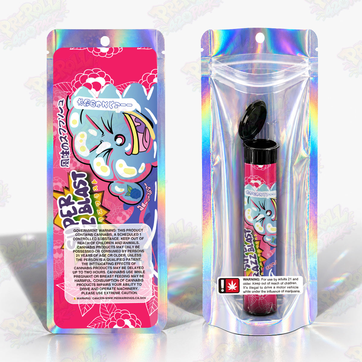 Super Razz Blast Preroll Tubes + Mylar Bags