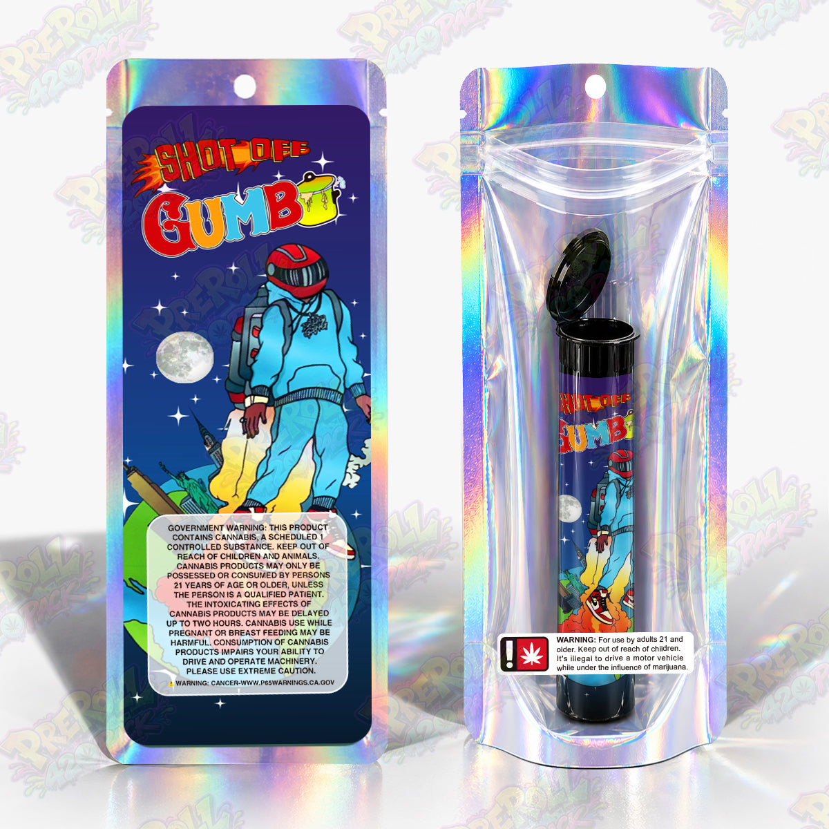 Shot Off Gumbo Preroll Tubes + Mylar Bags