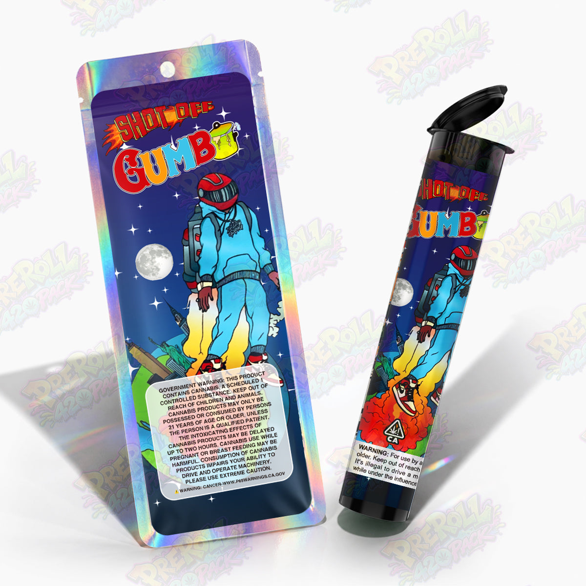 Shot Off Gumbo Preroll Tubes + Mylar Bags