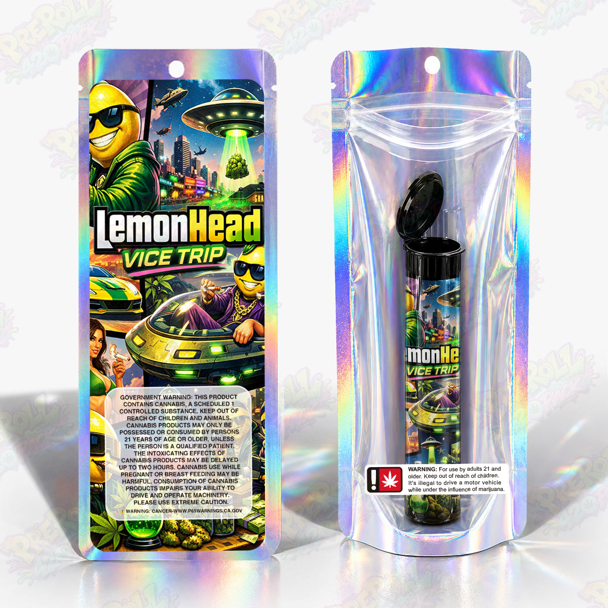 Lemon Head Vice Trip Preroll Tubes + Mylar Bags