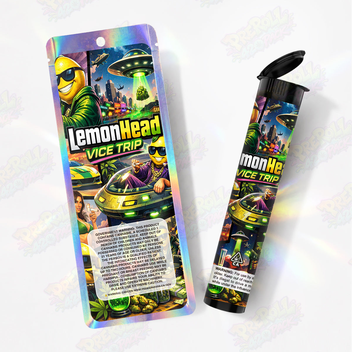 Lemon Head Vice Trip Preroll Tubes + Mylar Bags