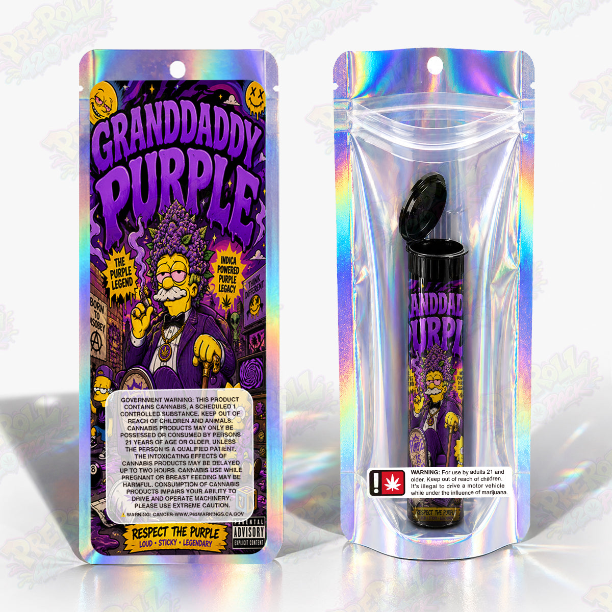Granddaddy Purple Preroll Tubes + Mylar Bags