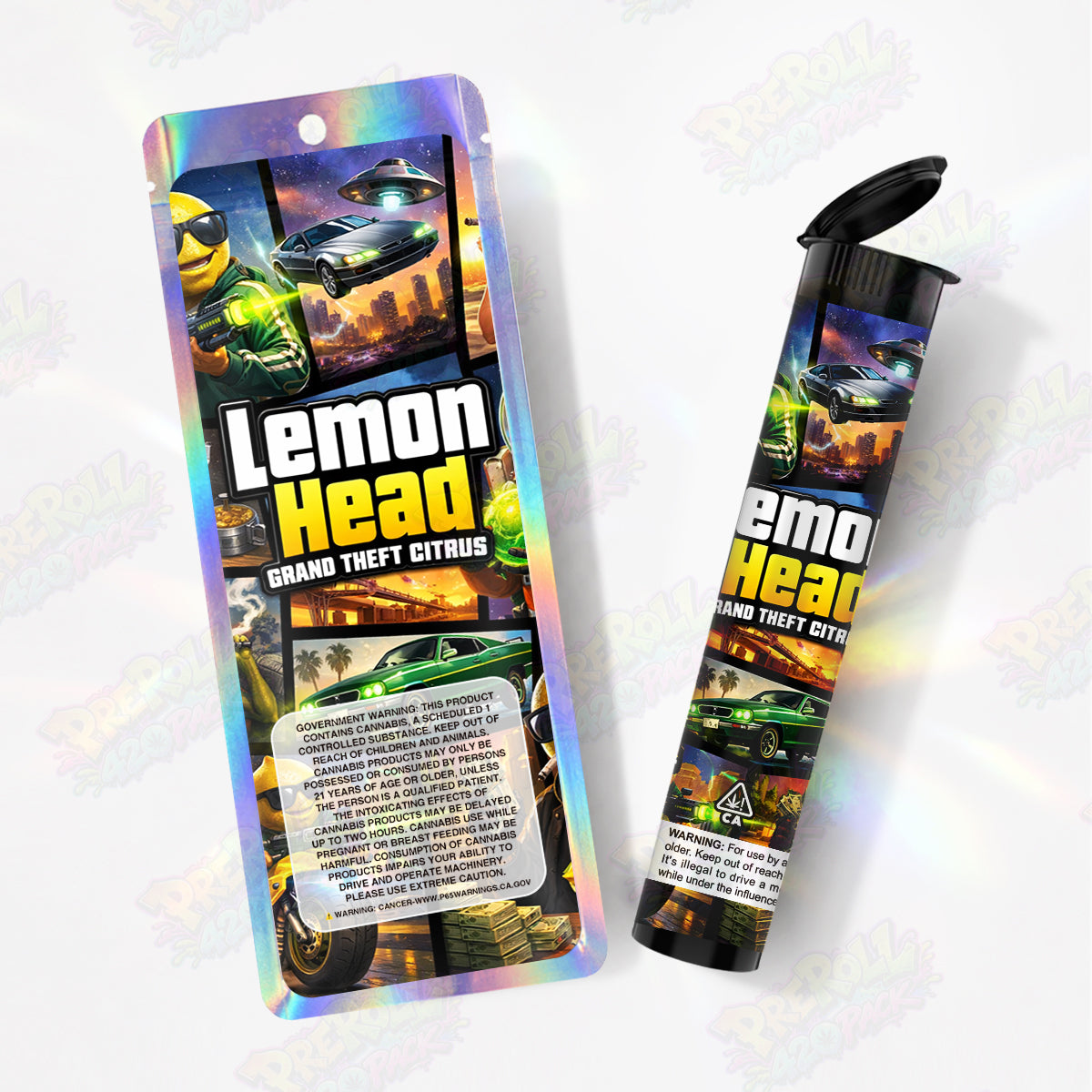 Lemon Head Grand Theft Citrus Preroll Tubes + Mylar Bags