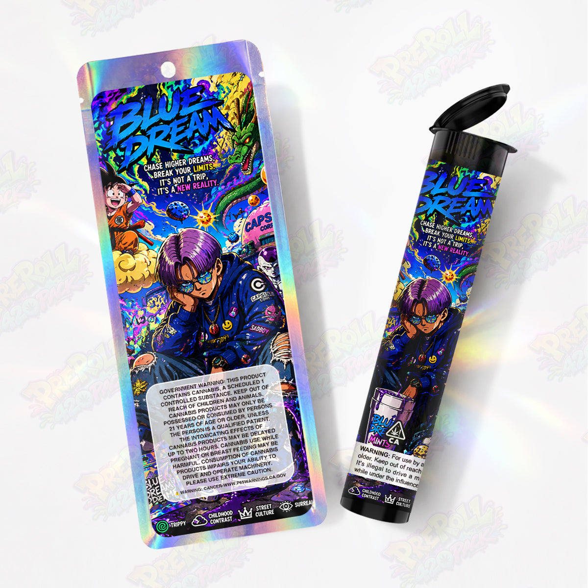 Blue Dream Preroll Tubes + Mylar Bags