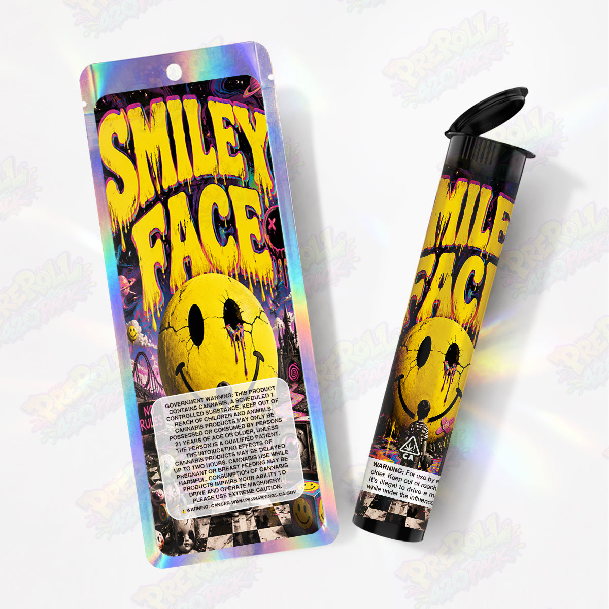 Smiley Face Pre Roll Tubes + Mylar Bags